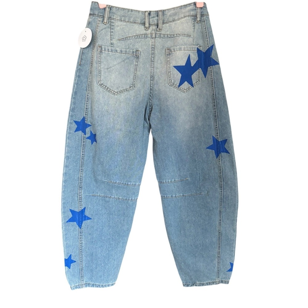 NWT Star Print‎ Barrel Jeans S Blue Denim High Rise Full Length Statement - Picture 2 of 4